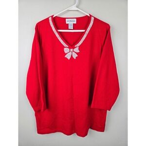 CD Daniels Womens Red Rhinestone Bow V Neck 3/4 Sleeve Sweater‎ Top Size 1X